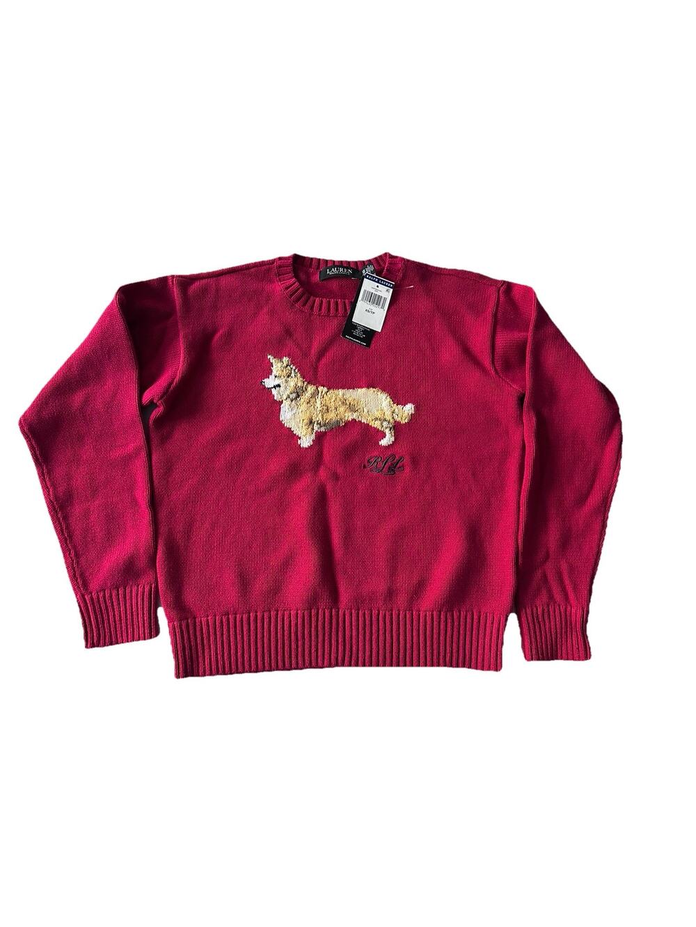 NWT Lauren Ralph Lauren Knit Corgi Dog Cotton Red Sweater Size XS